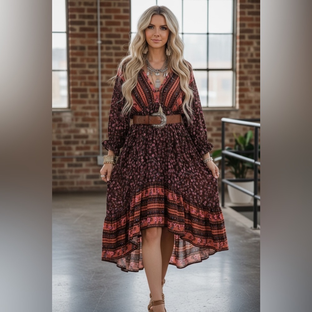 NWT UMGEE Boho Floral Print Tie Back High Low Asymmetrical Hi/Lo Dress - Picture 4 of 10